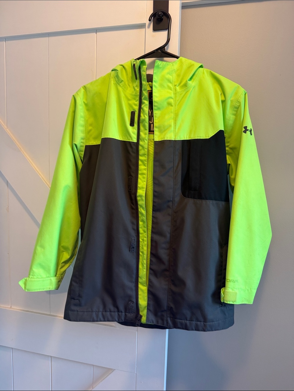 Under Armour Neon Yellow and Gray Kids' Waterproof Hooded Jacket